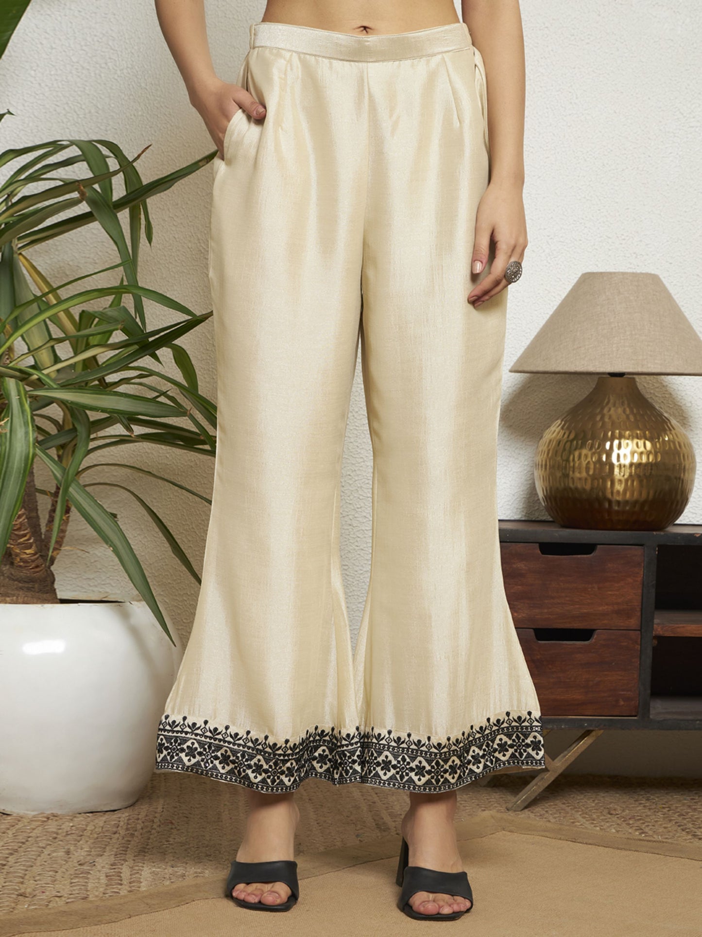 Ivory Embroidered Silk Women's Kurta,Palazzo and Dupatta Set