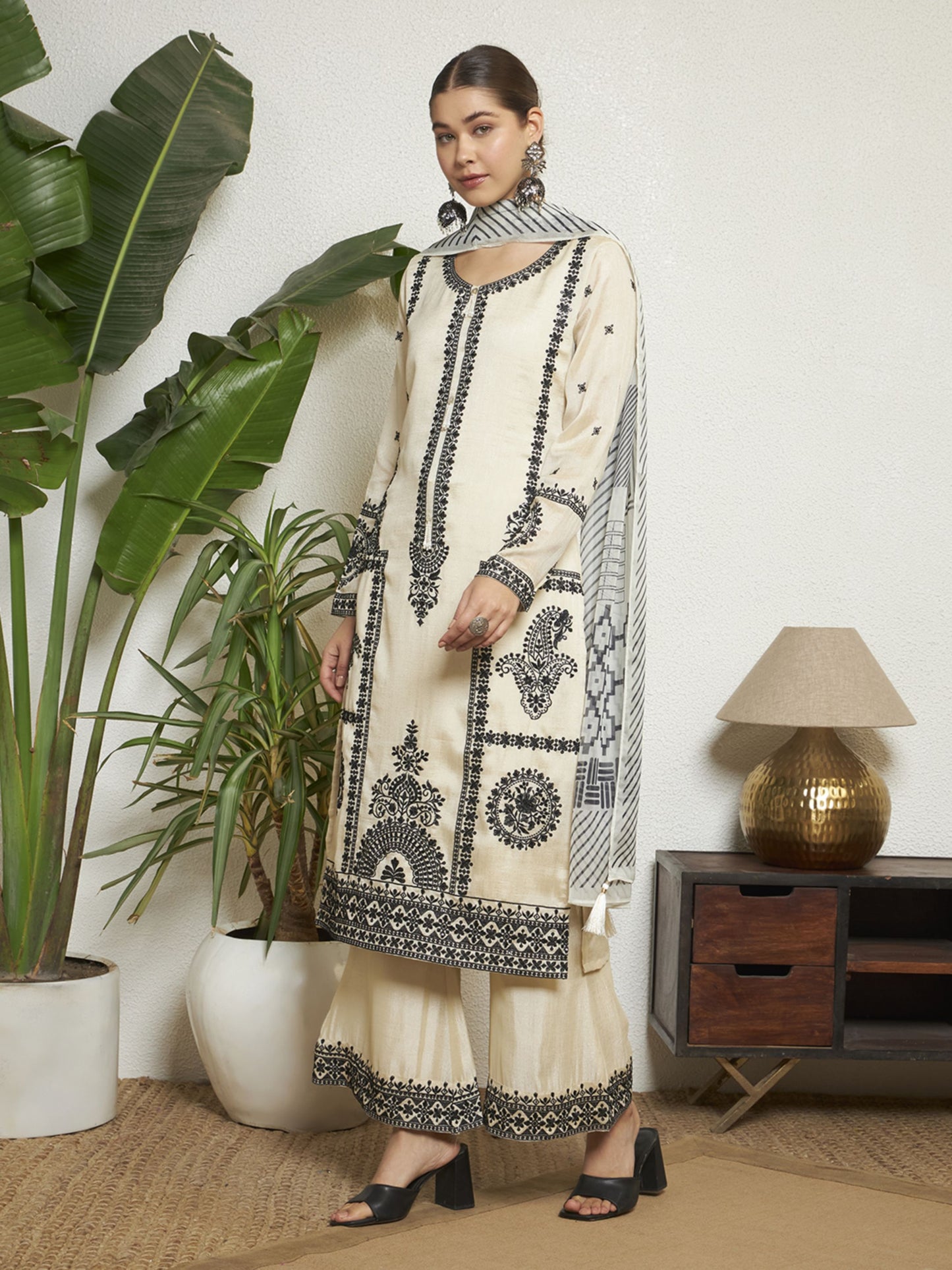 Ivory Embroidered Silk Women's Kurta,Palazzo and Dupatta Set