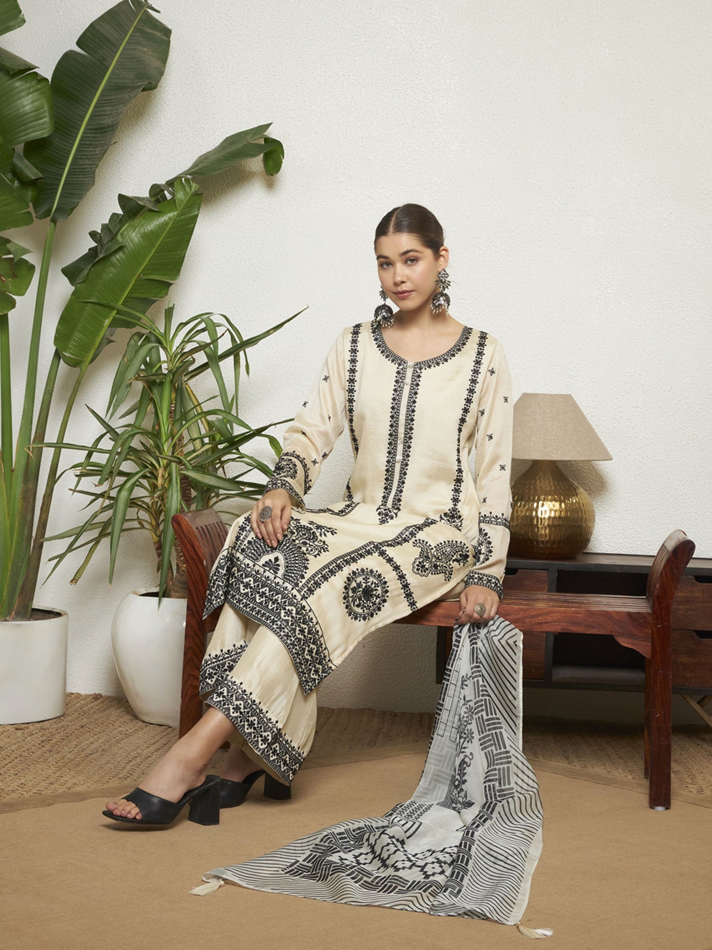 Ivory Embroidered Silk Women's Kurta,Palazzo and Dupatta Set