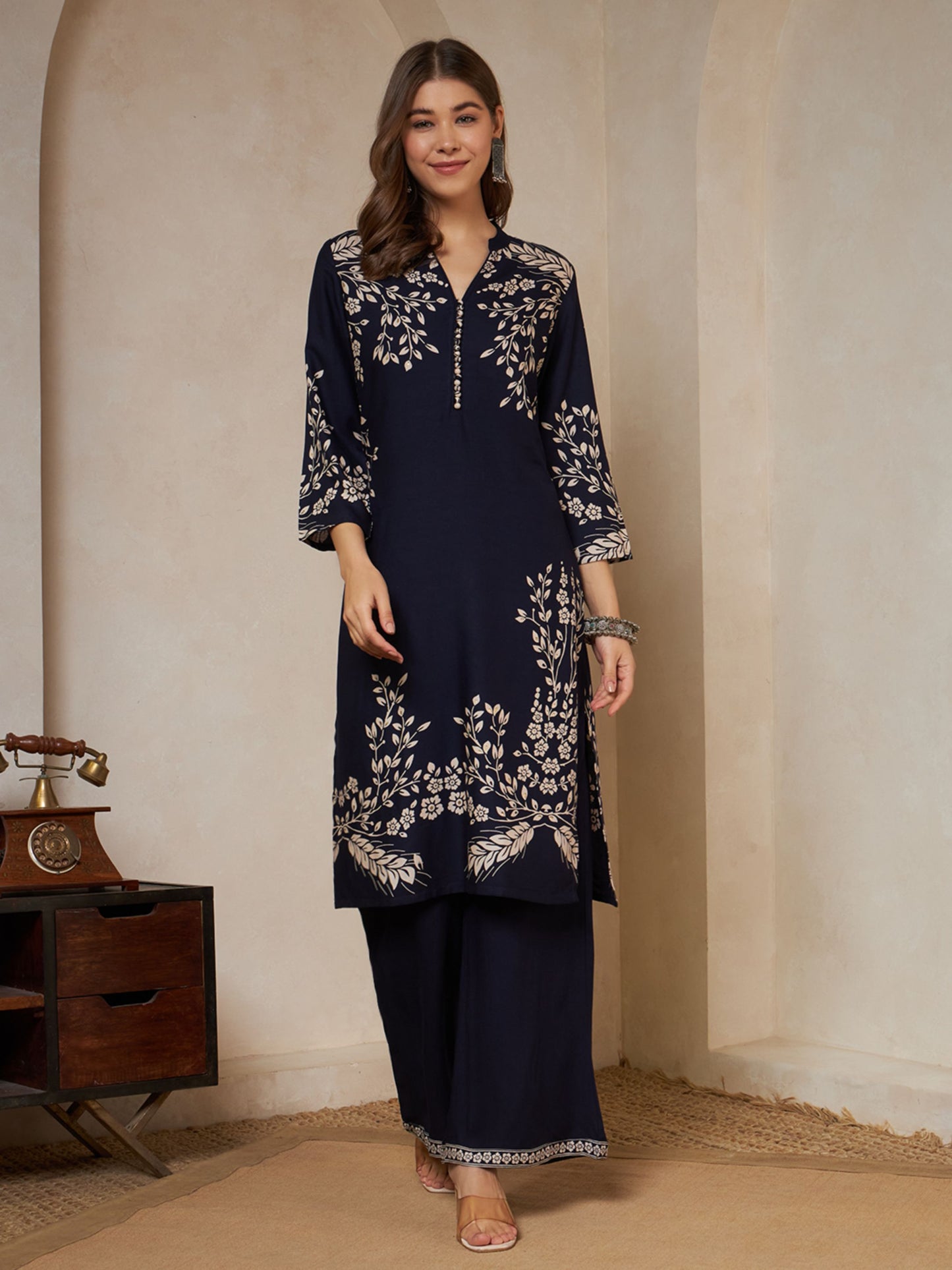 Wine Printed Rayon Women's Kurta and Palazzo Set