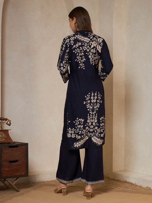 Navy Blue Printed Rayon Women's Kurta and Palazzo Set