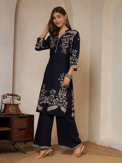 Wine Printed Rayon Women's Kurta and Palazzo Set
