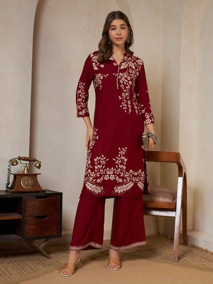 Wine Printed Rayon Women's Kurta and Palazzo Set