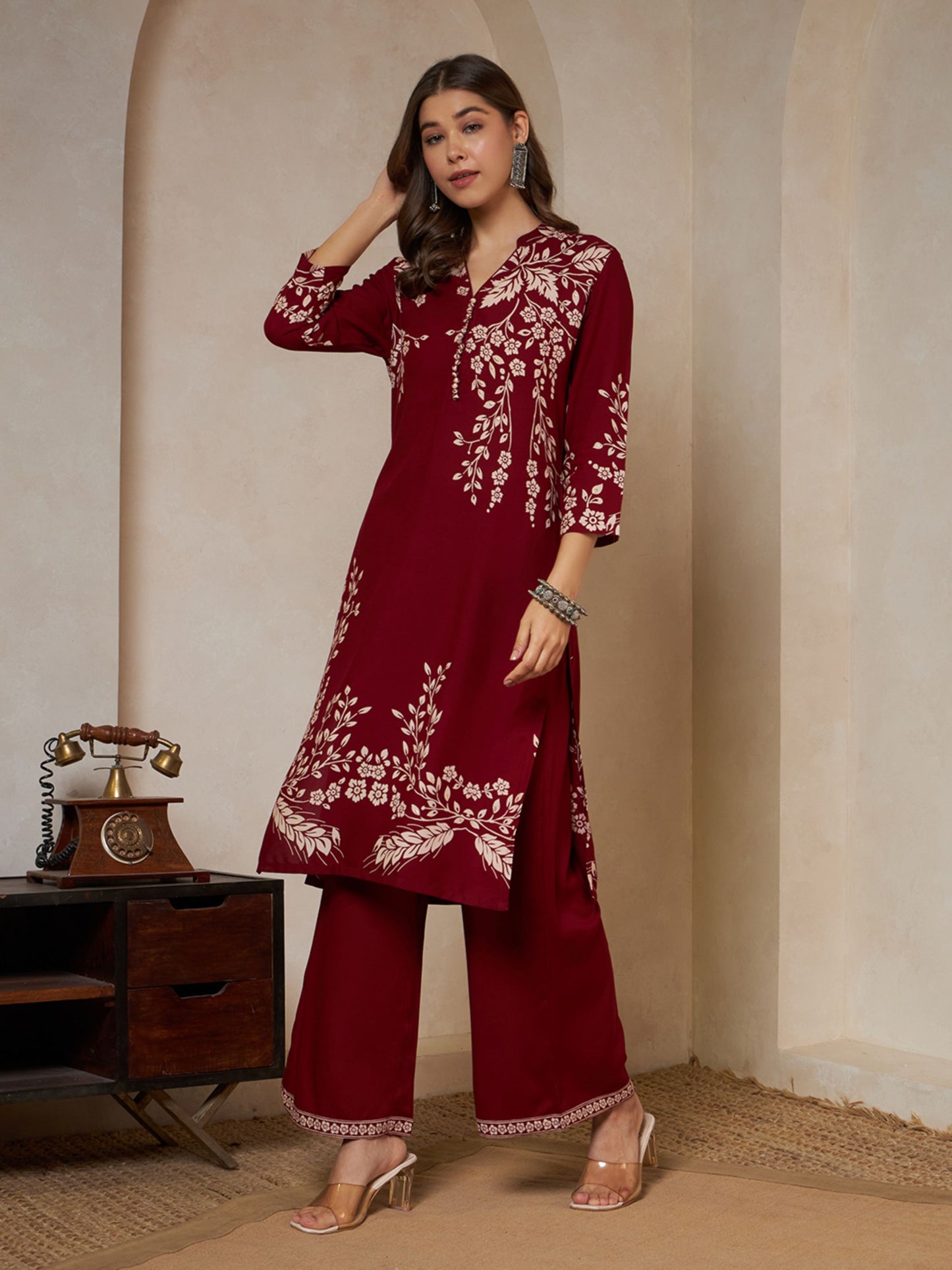 Wine Printed Rayon Women's Kurta and Palazzo Set