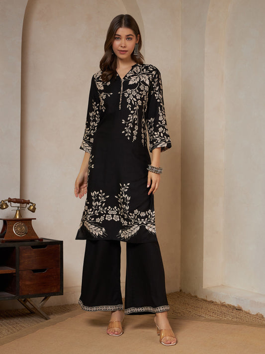 Black Printed Rayon Women's Kurta and Palazzo Set