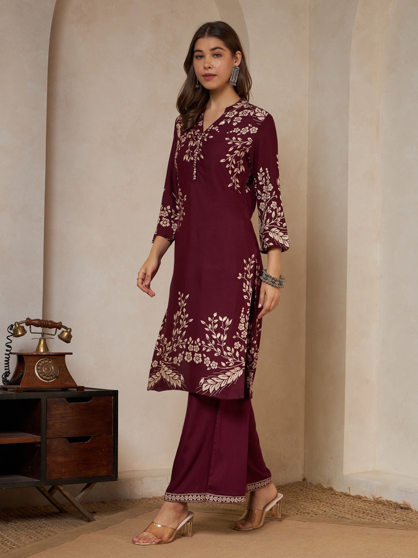 Wine Printed Rayon Women's Kurta and Palazzo Set