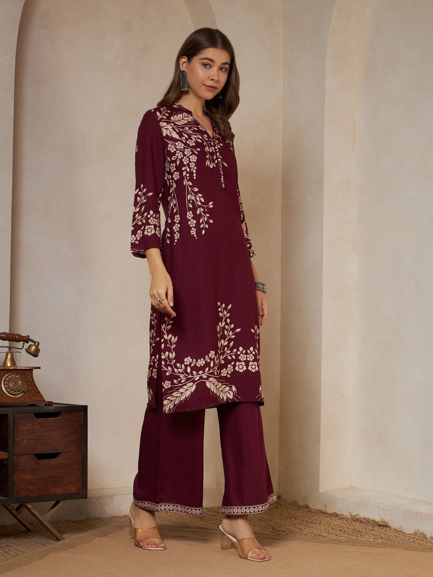 Wine Printed Rayon Women's Kurta and Palazzo Set