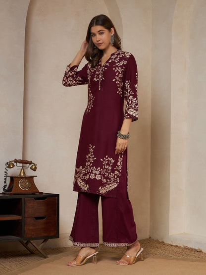 Wine Printed Rayon Women's Kurta and Palazzo Set