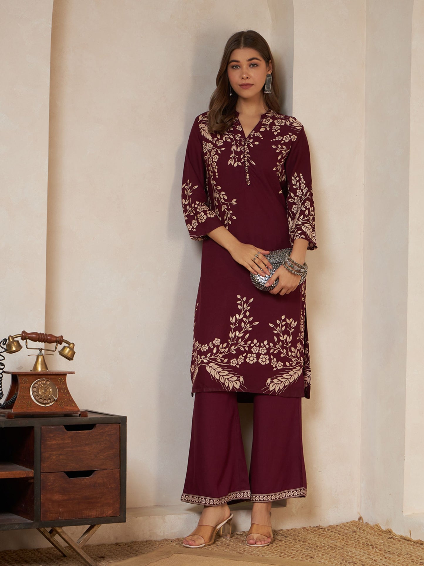 Wine Printed Rayon Women's Kurta and Palazzo Set