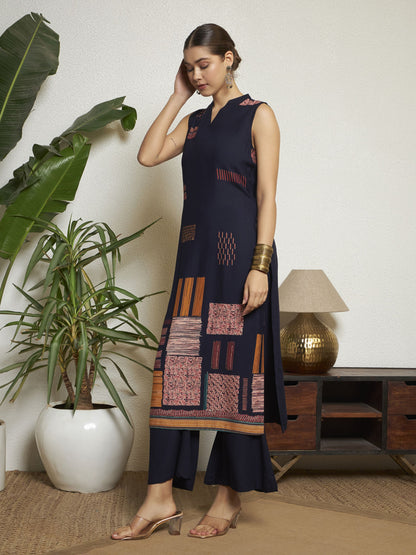 Navy Blue Printed Rayon Women's Kurta and Palazzo Set