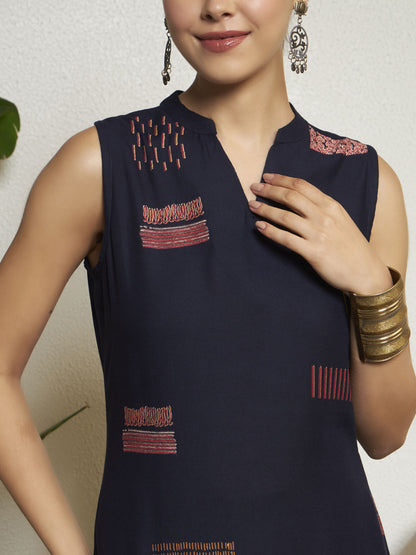 Navy Blue Printed Rayon Women's Kurta and Palazzo Set