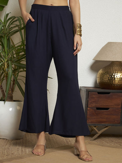 Navy Blue Printed Rayon Women's Kurta and Palazzo Set