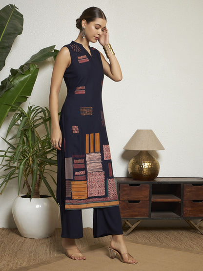 Navy Blue Printed Rayon Women's Kurta and Palazzo Set