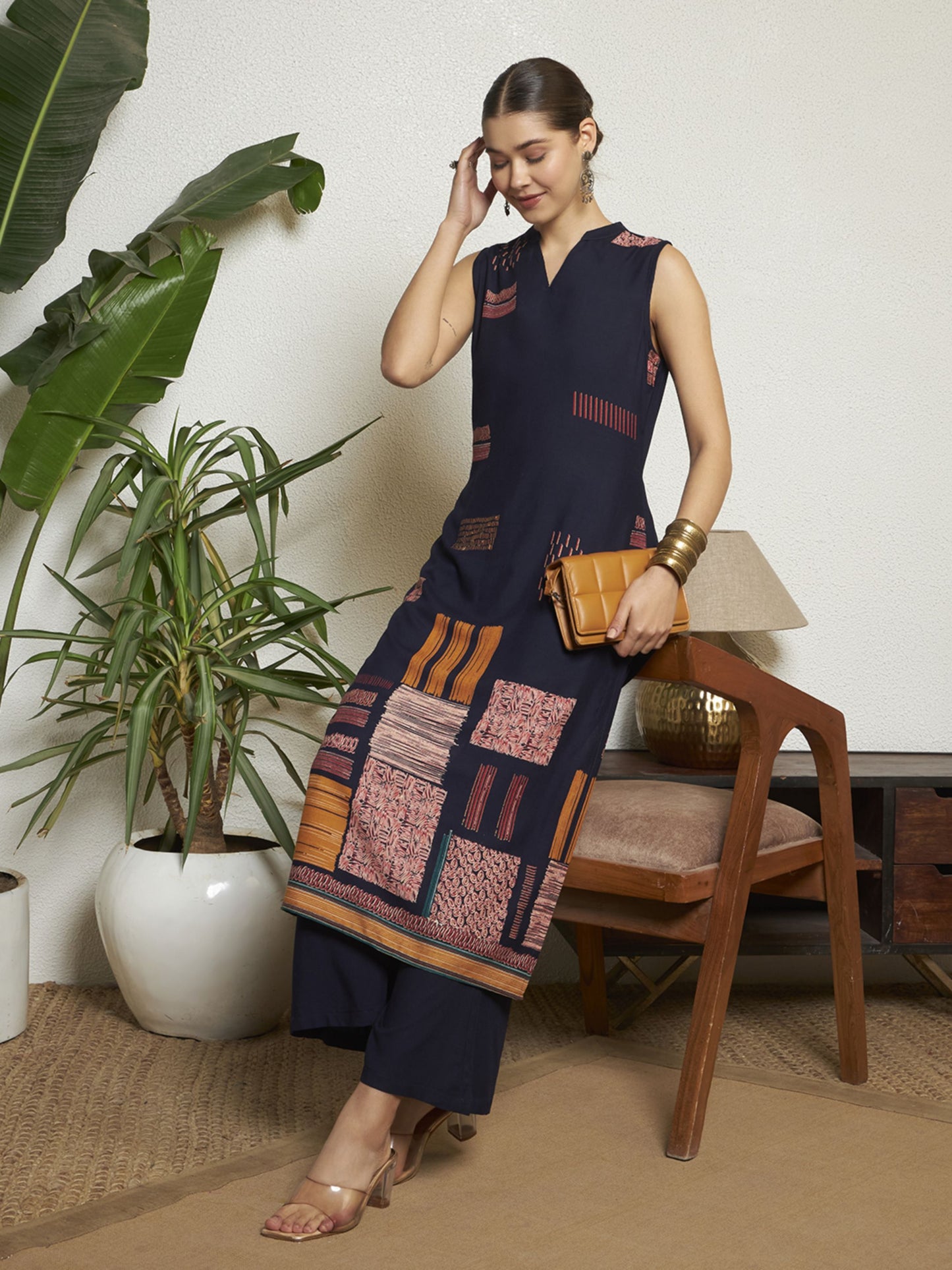 Navy Blue Printed Rayon Women's Kurta and Palazzo Set