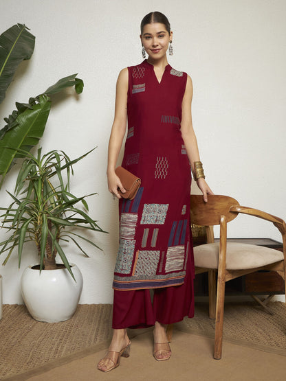 Wine Printed Rayon Women's Kurta and Palazzo Set
