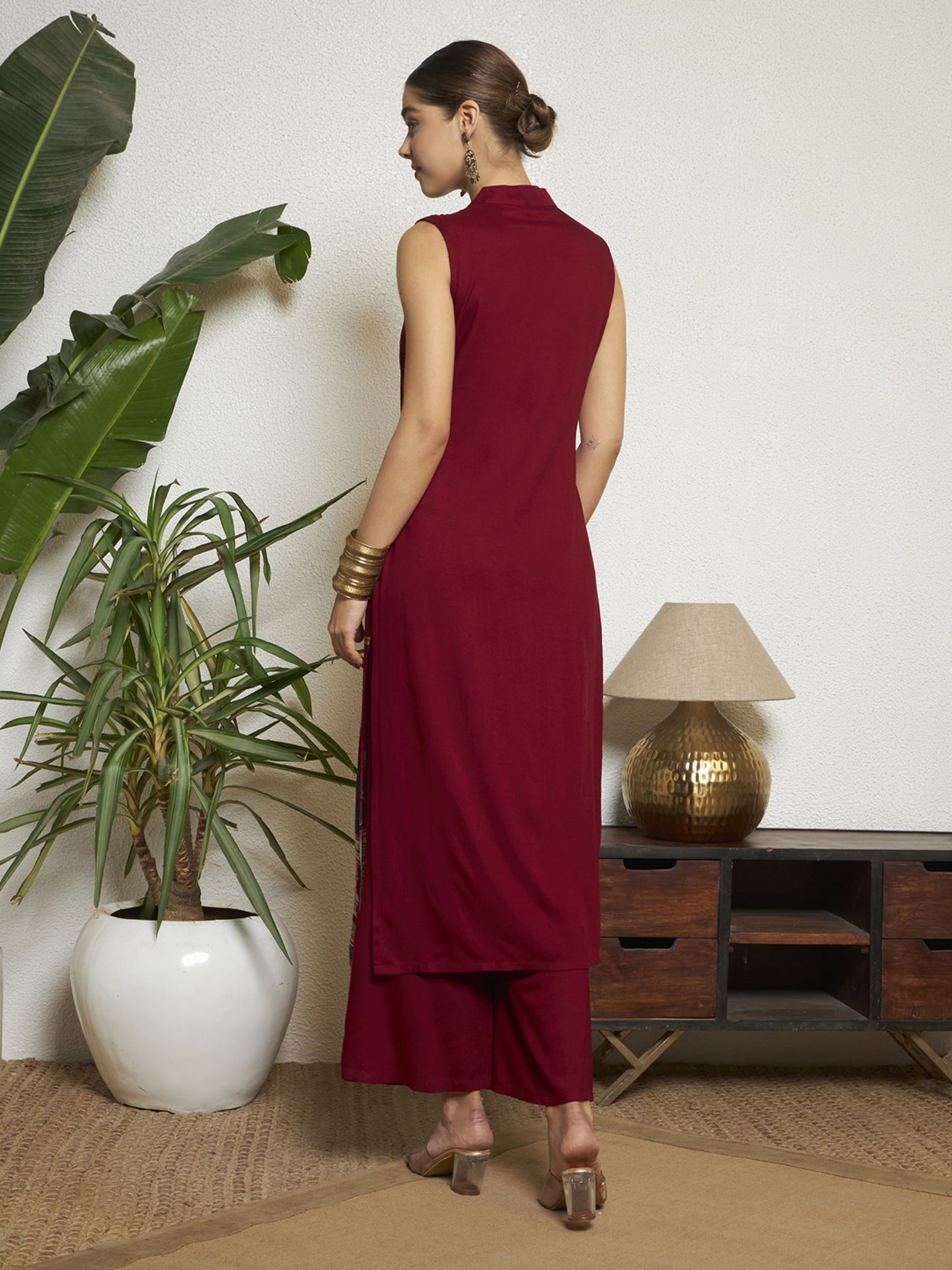 Wine Printed Rayon Women's Kurta and Palazzo Set