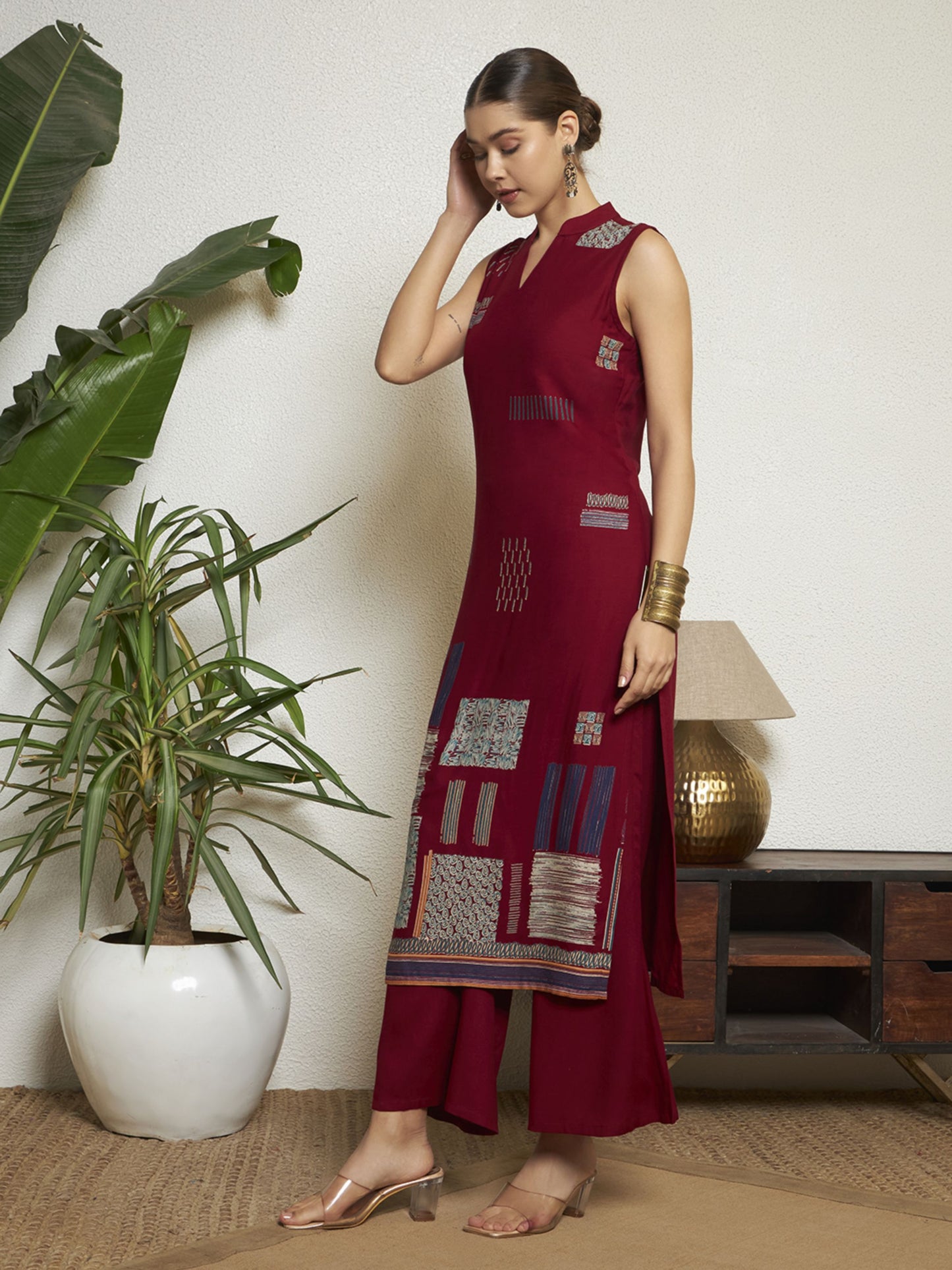 Wine Printed Rayon Women's Kurta and Palazzo Set