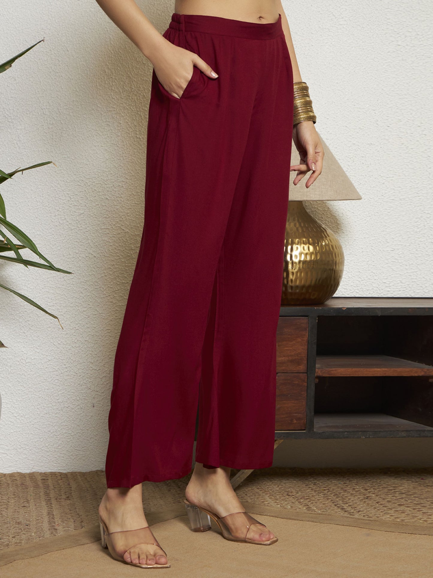 Wine Printed Rayon Women's Kurta and Palazzo Set