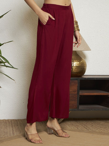 Wine Printed Rayon Women's Kurta and Palazzo Set