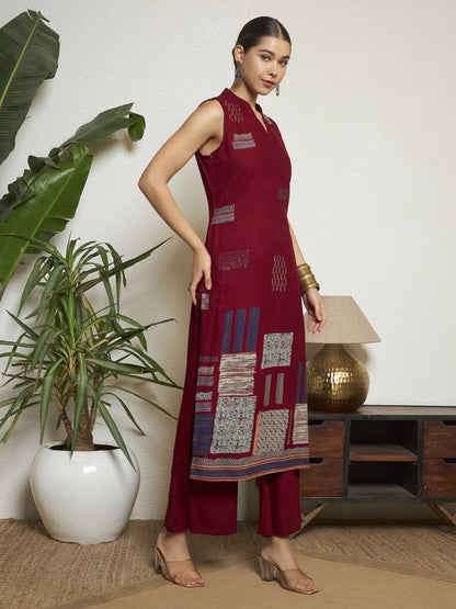 Wine Printed Rayon Women's Kurta and Palazzo Set