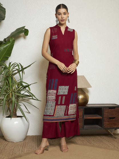 Wine Printed Rayon Women's Kurta and Palazzo Set