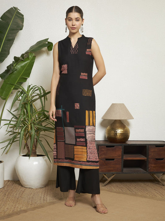 Black Printed Rayon Women's Kurta and Palazzo Set