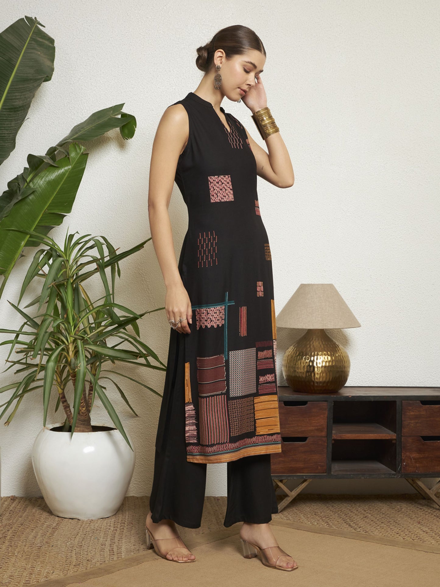 Navy Blue Printed Rayon Women's Kurta and Palazzo Set