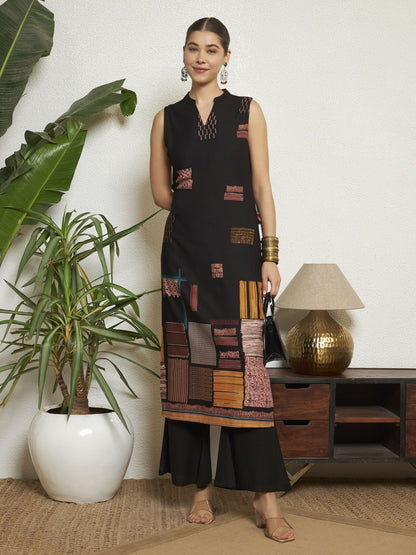 Navy Blue Printed Rayon Women's Kurta and Palazzo Set