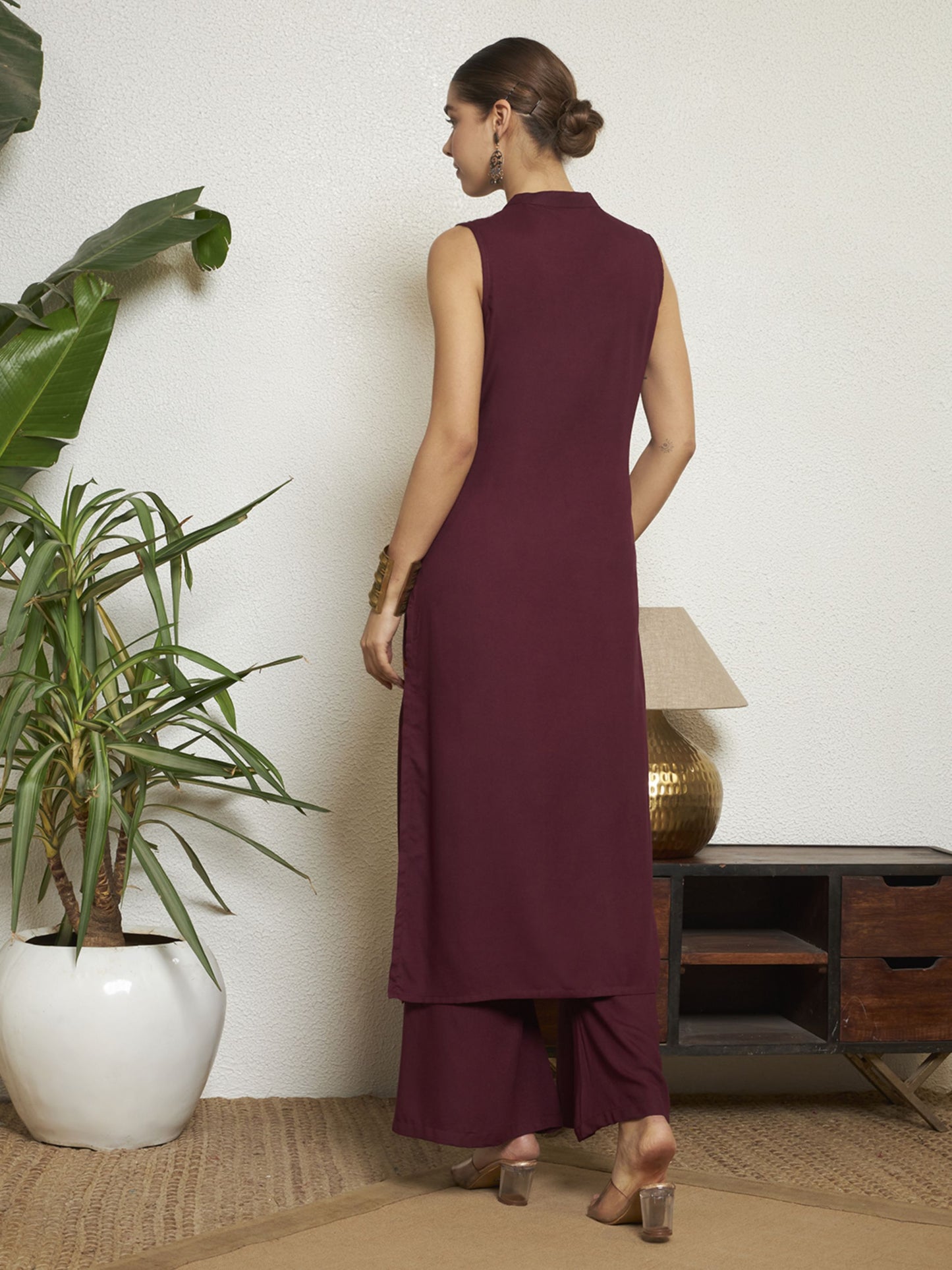 Wine Printed Rayon Women's Kurta and Palazzo Set