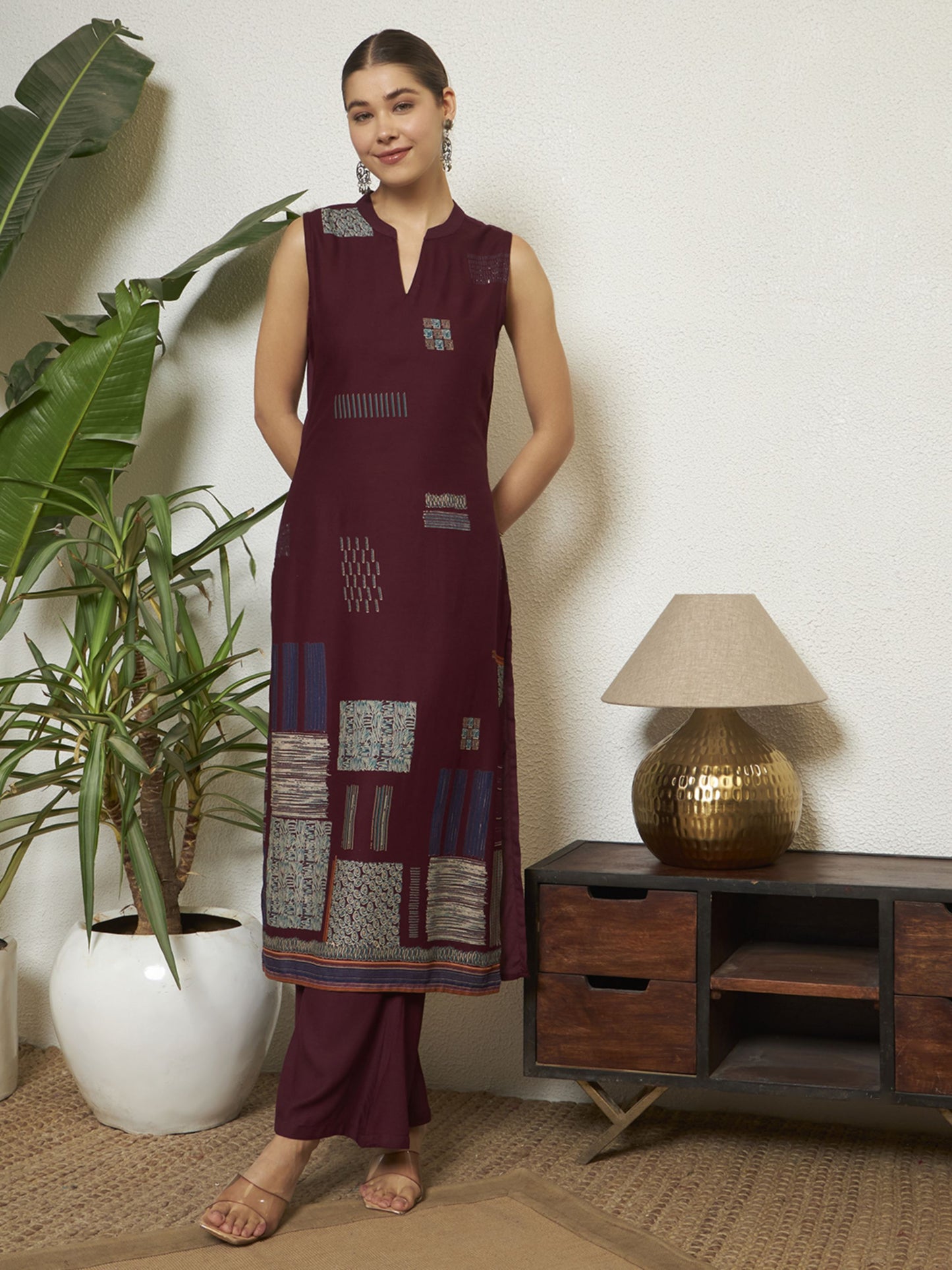 Wine Printed Rayon Women's Kurta and Palazzo Set