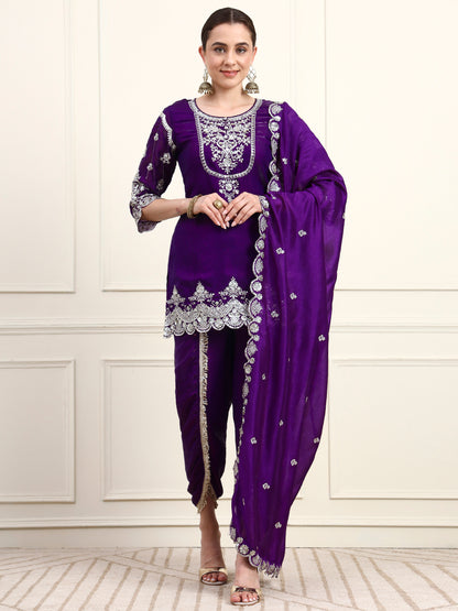 Embroidered Silk Women's Kurta, Dhoti & Dupatta Set