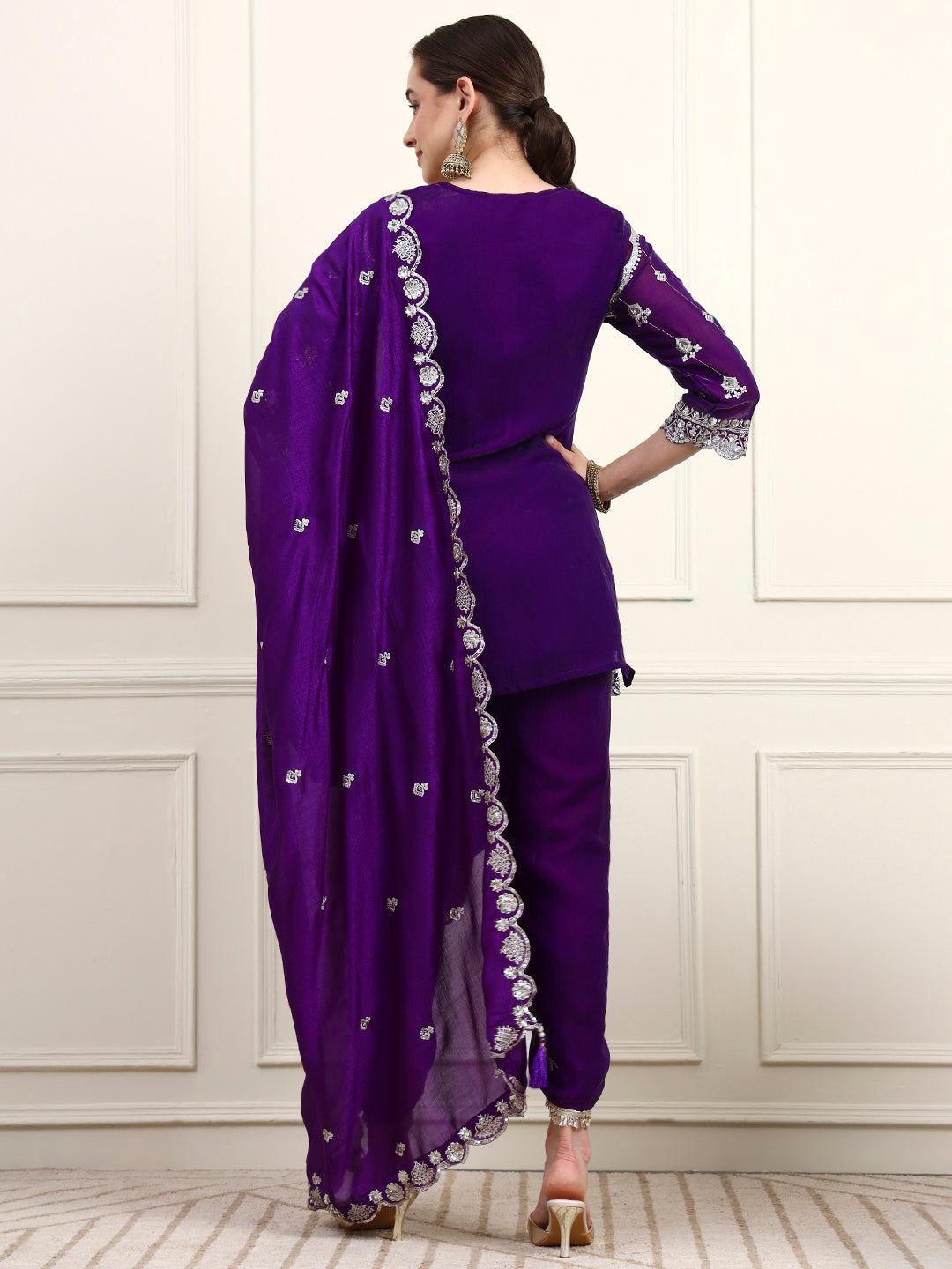 Embroidered Silk Women's Kurta, Dhoti & Dupatta Set