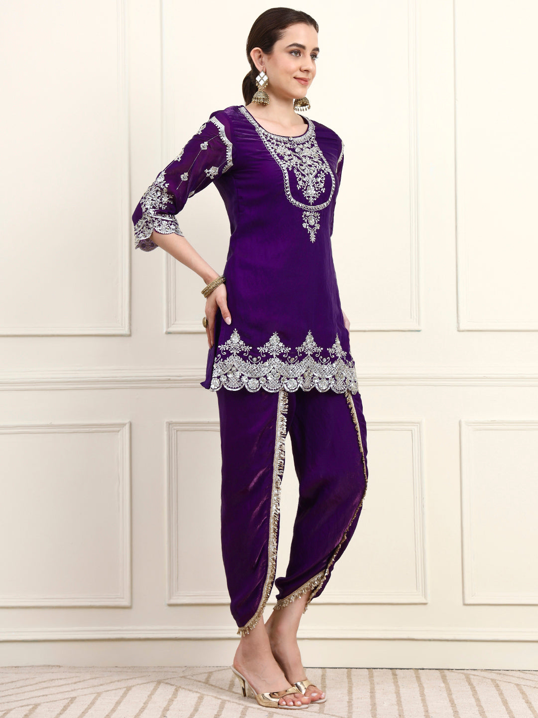 Embroidered Silk Women's Kurta, Dhoti & Dupatta Set