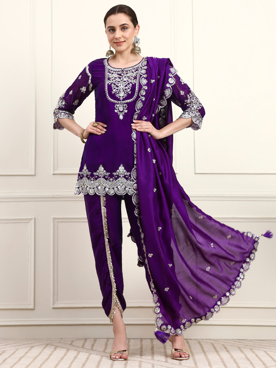 Embroidered Silk Women's Kurta, Dhoti & Dupatta Set