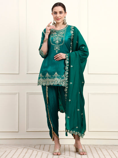 Embroidered Silk Women's Kurta, Dhoti & Dupatta Set