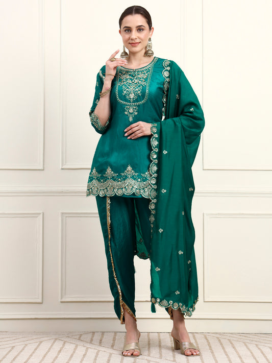 Embroidered Silk Women's Kurta, Dhoti & Dupatta Set