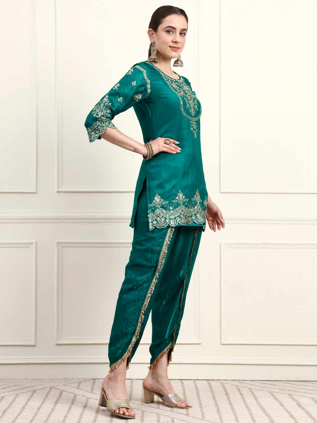 Embroidered Silk Women's Kurta, Dhoti & Dupatta Set
