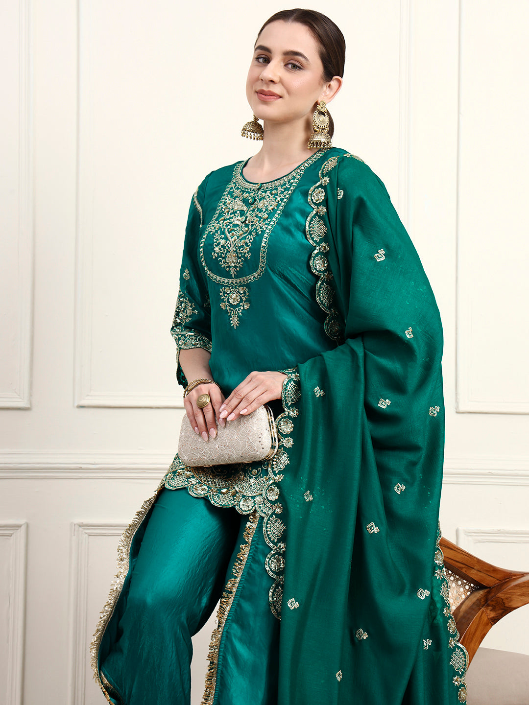Embroidered Silk Women's Kurta, Dhoti & Dupatta Set