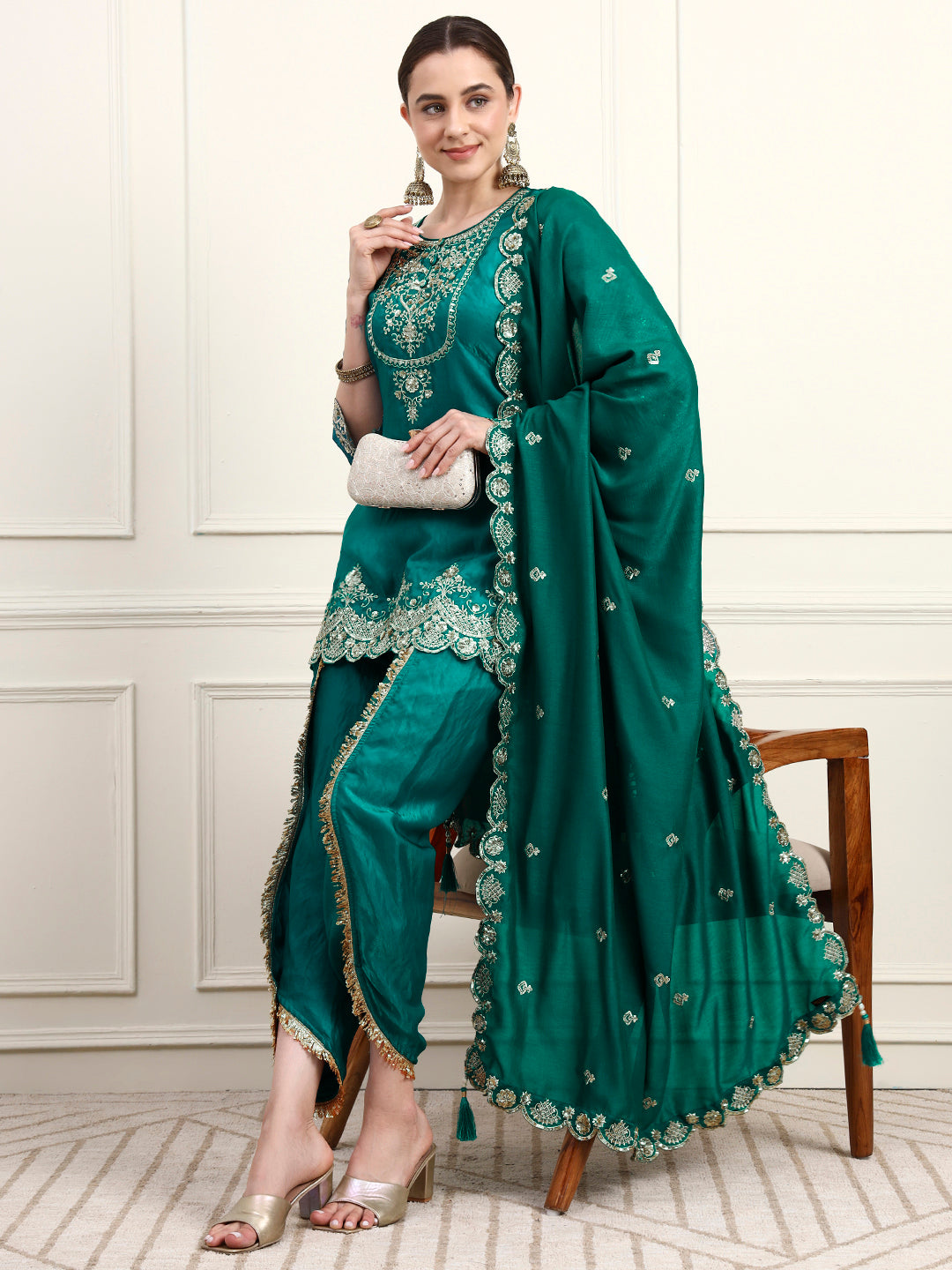 Embroidered Silk Women's Kurta, Dhoti & Dupatta Set