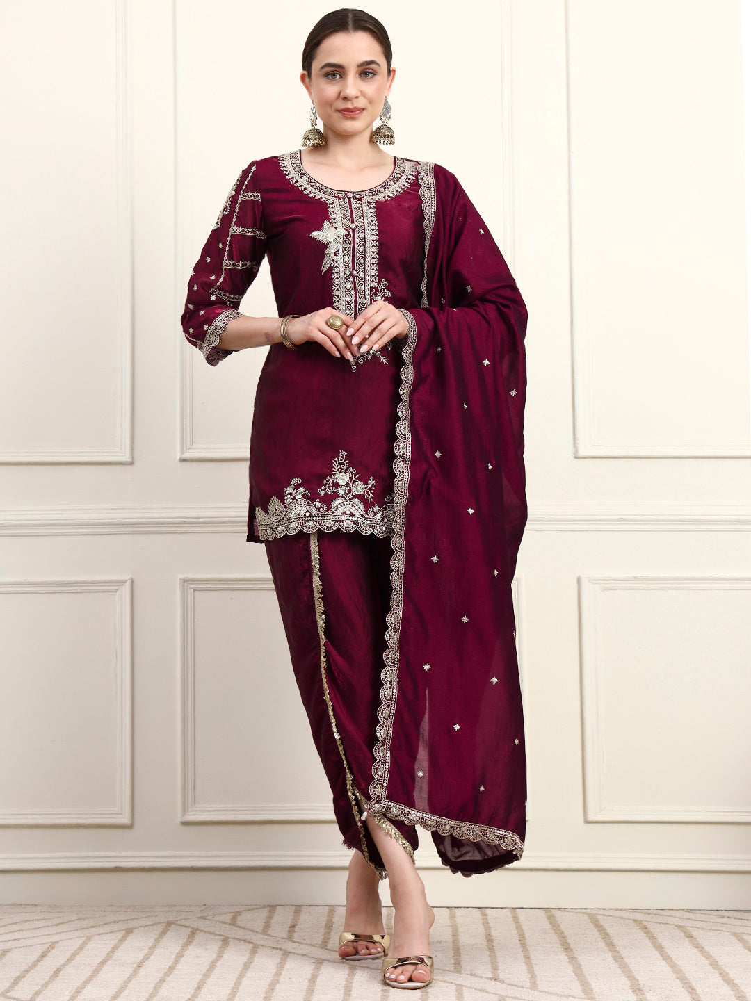 Embroidered Silk Women's Kurta, Dhoti & Dupatta Set