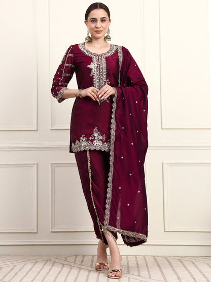 Embroidered Silk Women's Kurta, Dhoti & Dupatta Set