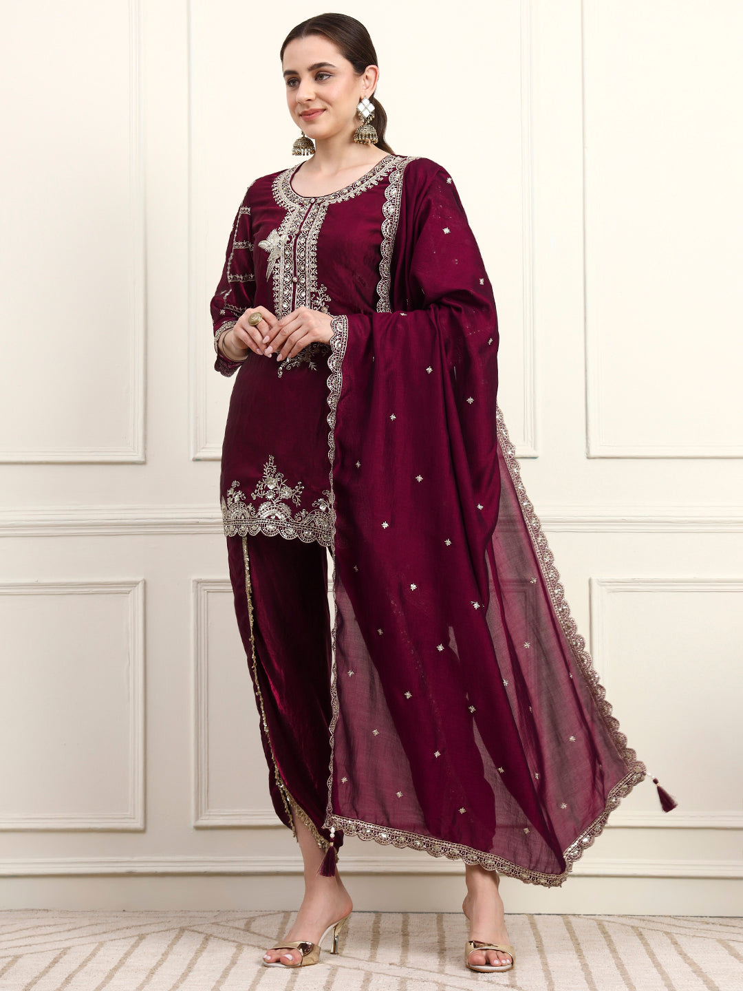 Embroidered Silk Women's Kurta, Dhoti & Dupatta Set