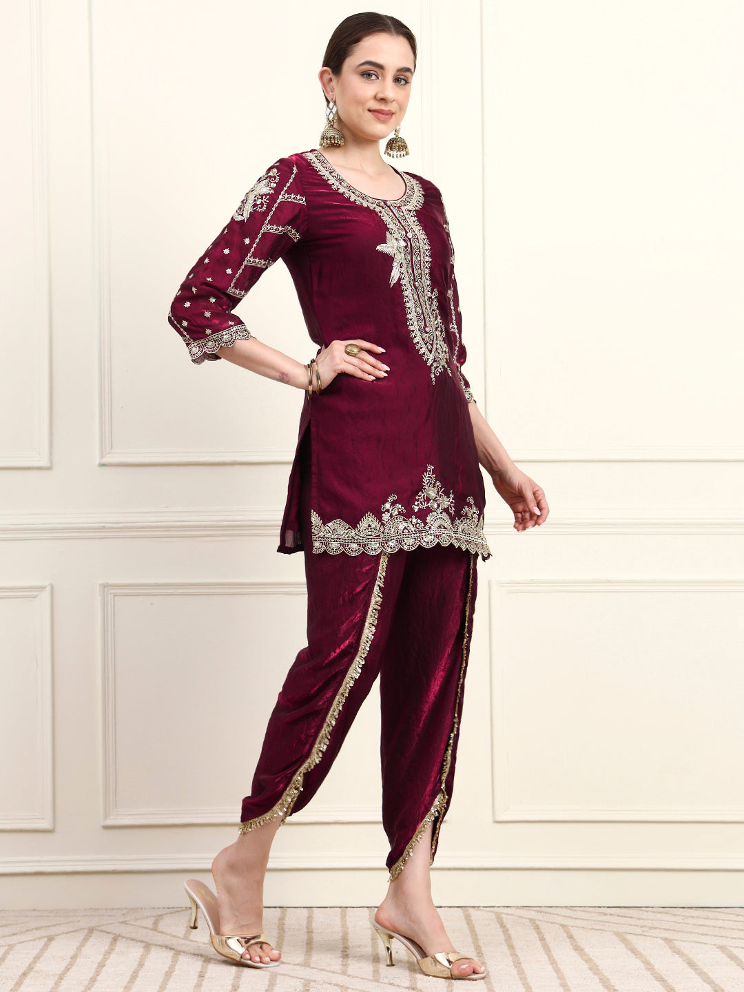 Embroidered Silk Women's Kurta, Dhoti & Dupatta Set