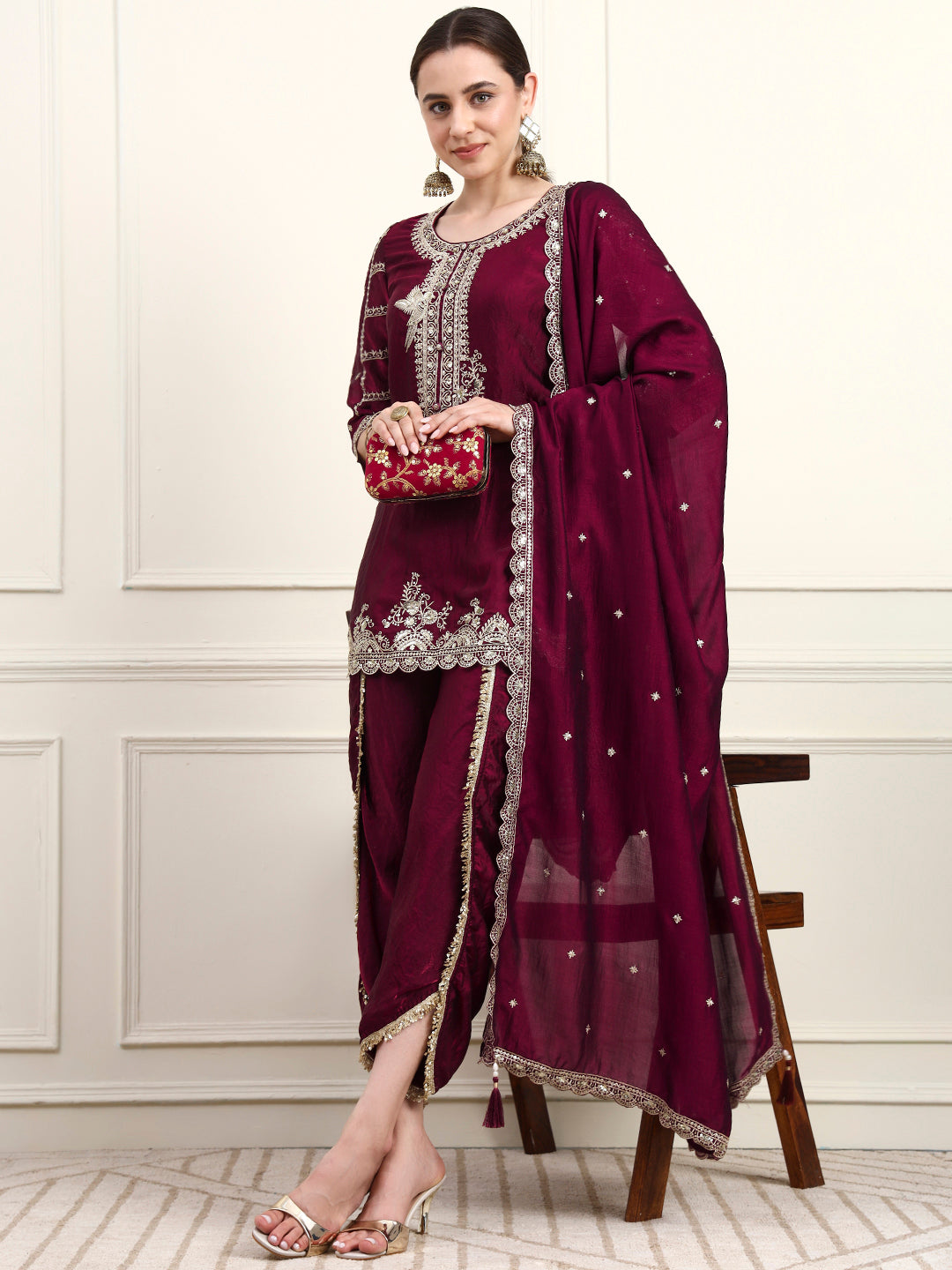 Embroidered Silk Women's Kurta, Dhoti & Dupatta Set