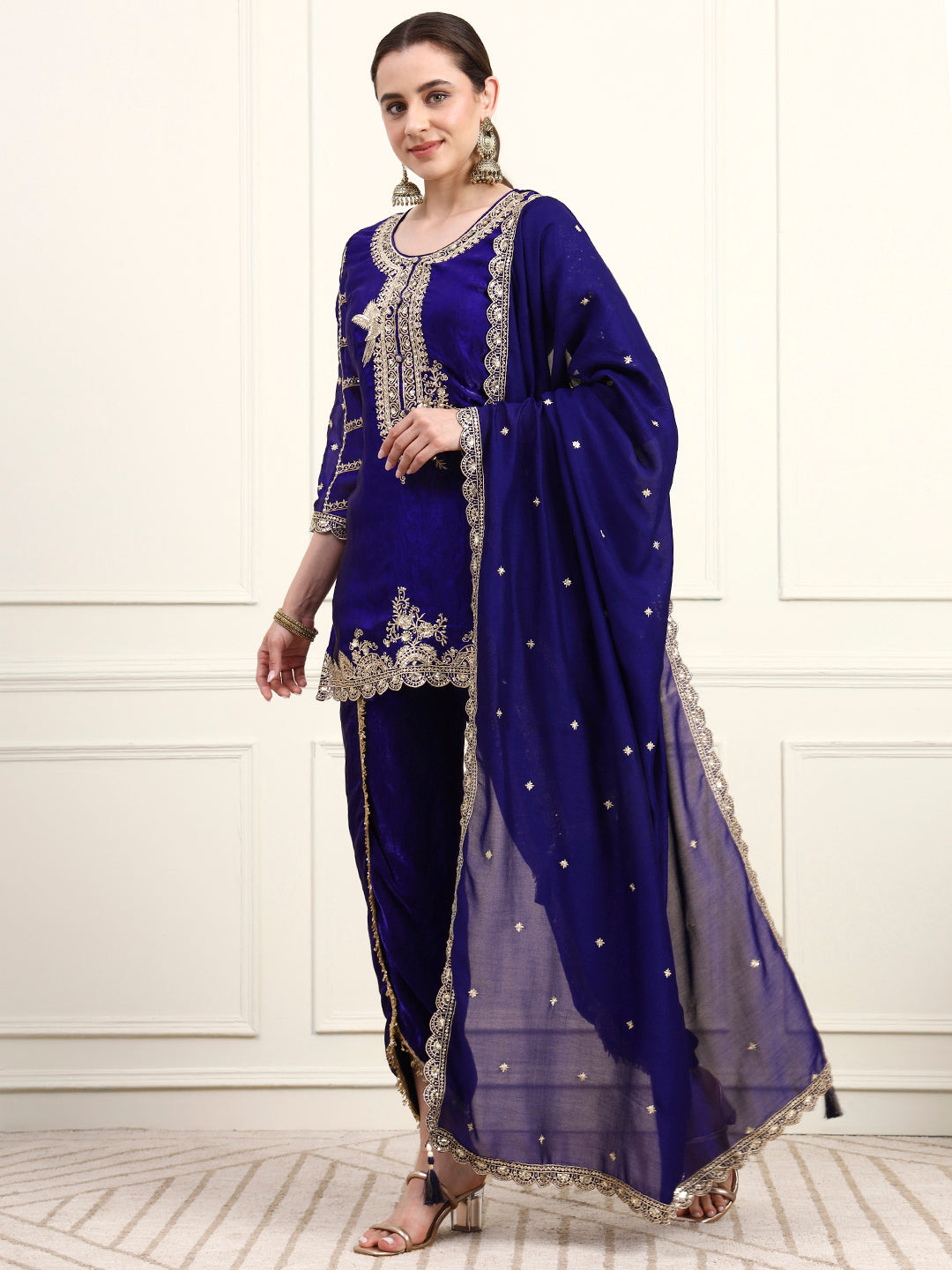 Embroidered Silk Women's Kurta, Dhoti & Dupatta Set