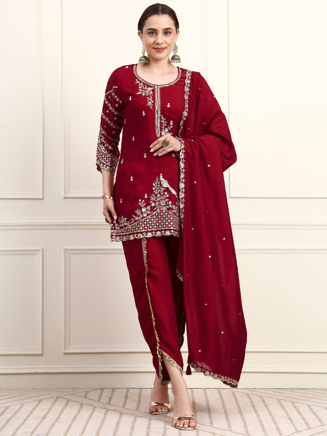 Embroidered Silk Women's Kurta, Dhoti & Dupatta Set