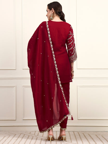 Embroidered Silk Women's Kurta, Dhoti & Dupatta Set