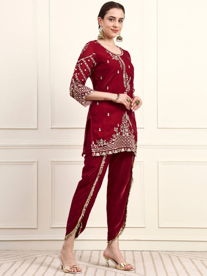 Embroidered Silk Women's Kurta, Dhoti & Dupatta Set