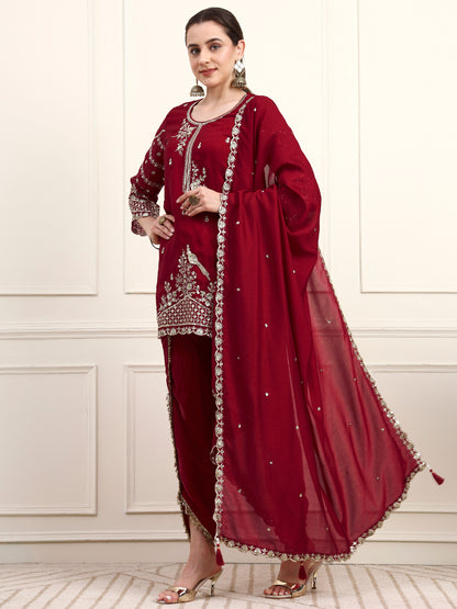 Embroidered Silk Women's Kurta, Dhoti & Dupatta Set