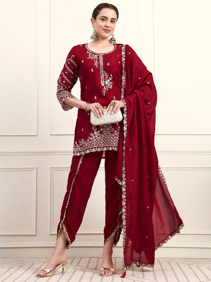 Embroidered Silk Women's Kurta, Dhoti & Dupatta Set